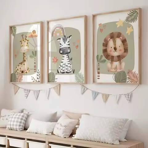 3pcs/set Giraffe Lion &amp; Zebra Animal Canvas Print Safari Wall Art Kindergarten Poster for Modern Living Room Nursery Home Decor