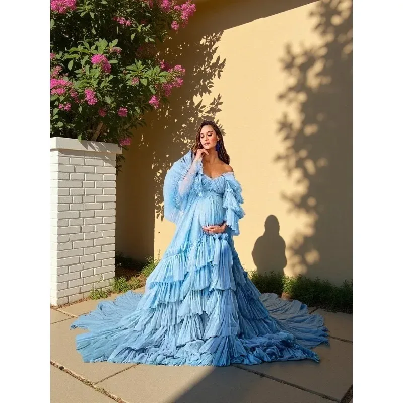 

Off-Shoulder Maternity Photo Dress, Multi-Layered Baby Skirt Gown for Pregnancy Photoshoot, Baby Shower Dress vestido maternidad