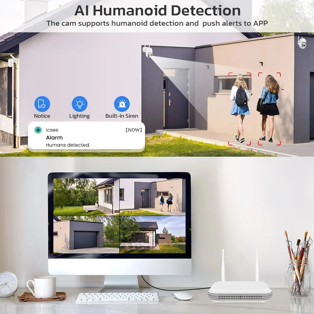 Uzoom 6MP WiFi Kit de sistema de câmera de segurança Sistema CCTV sem fio NVR com tela PTZ externa Áudio bidirecional Vigilância por vídeo