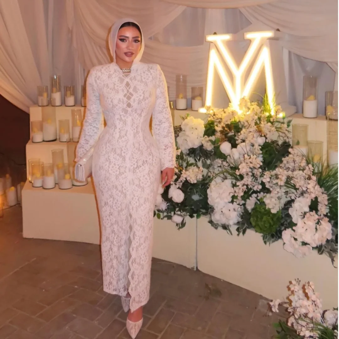 

Arabic Lace Long Sleeves Evening Dresses Ankle Length Elegant Prom Dress Formal Party Gown with Lining Gala Vestidos Customized