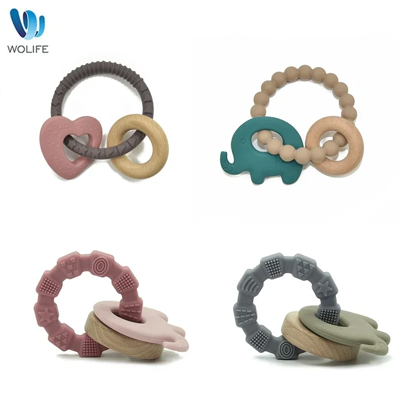 Anillo de mordedor de silicona para bebé, pulsera de sonajeros sin BPA, accesorios de grado alimenticio para recién nacido, juguetes de dentición de