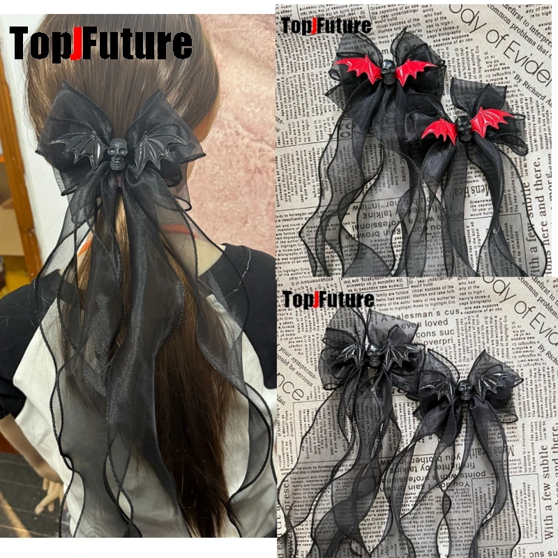 Gothic Harajuku Y2K girl Dark gothic punk subculture pu leather bow Lolita skull headband hairgrip Hair clip ribbon accessorie