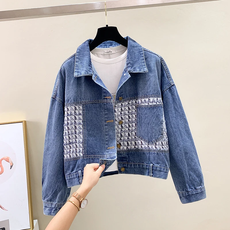 

Vintage Blue Plaid Splicing Big Pocket Denim Jacket Women Loose Short Cowboy Outerwear Korean Long Sleeve Jeans Jackets Female