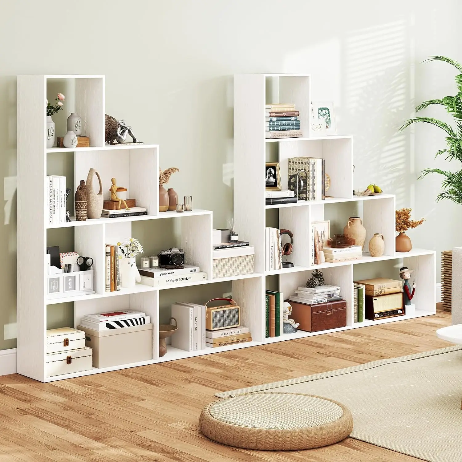 6-Cube Geometric Bookshelf 2-Pack, 4-Tier L-Shaped Storage Display Shelf w/Anti-Toppling Kit, Freestanding Corner Etagere for Li