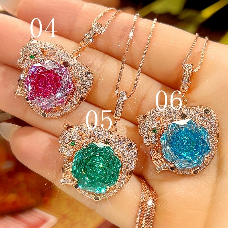 

Ayjewelry New Elegant Rose Cut Green Pink Blue Purple Stone Panther Leopard Necklace Luxury Designer Jewelry For Women Party