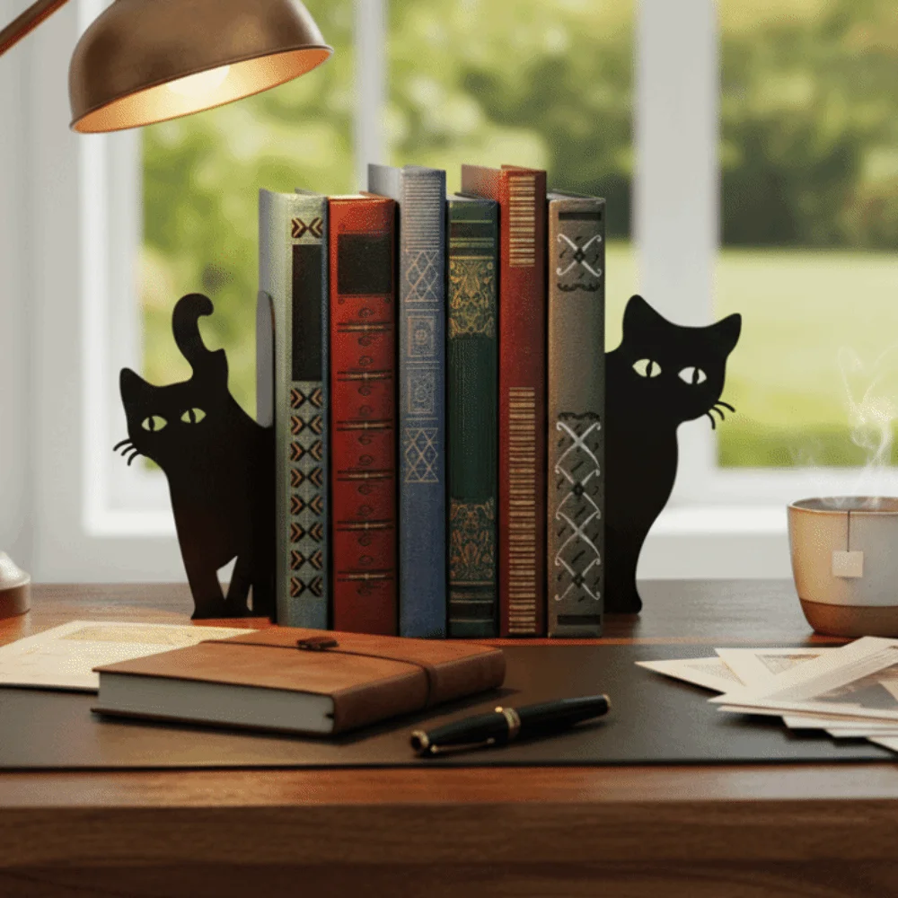 Versatile Metal Bookend Black Metal Exquisite Creative Cat Bookend Durable Iron Sitting Standing Cats Book Holder Home Library