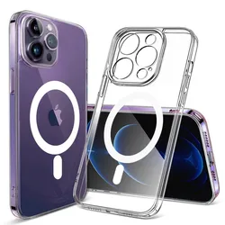 Capa de telefone de silicone magnética transparente, carregamento sem fio Magsafe, iPhone 13, 14, 12, 11, 15 Pro Max, 12Mini, 13Mini