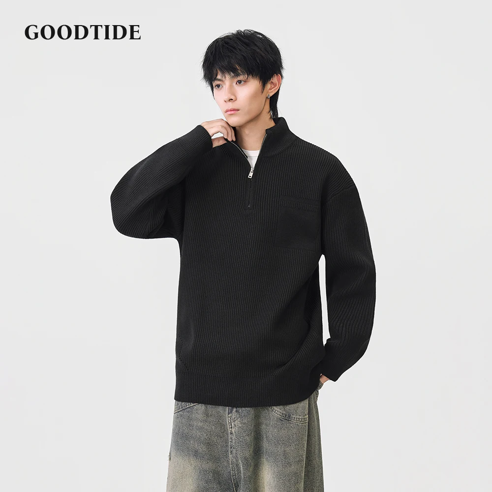 Fashion Men's Casual Half - Zip Mock Neck Sweater 2025 Winter New Ribbed Knit Pullover Pocket Soft Long Sleeve Jumper Top