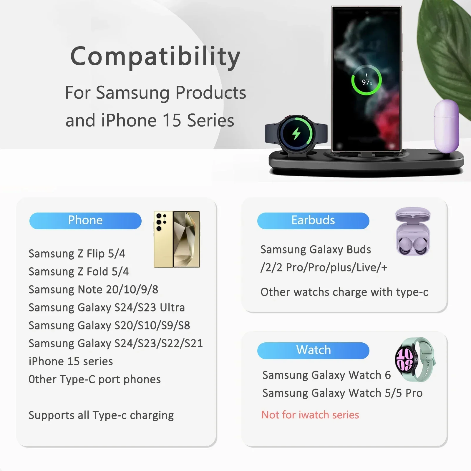 3 In 1 Wireless Charger Stand Pad Foldable Fast Charging Dock Station For Samsung S24 S23 22 Z Fold Galaxy Watch 5 4 Active Buds