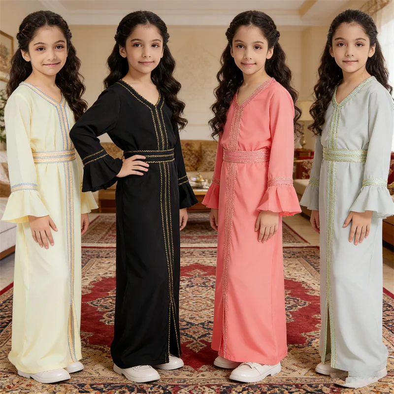 

Мусульманское исламское платье-абайя для девочек на Рамадан, детское платье-кафтан с длинным рукавом, арабская молитвенная роба, турецкая детская одежда, джеллаба на Ид
