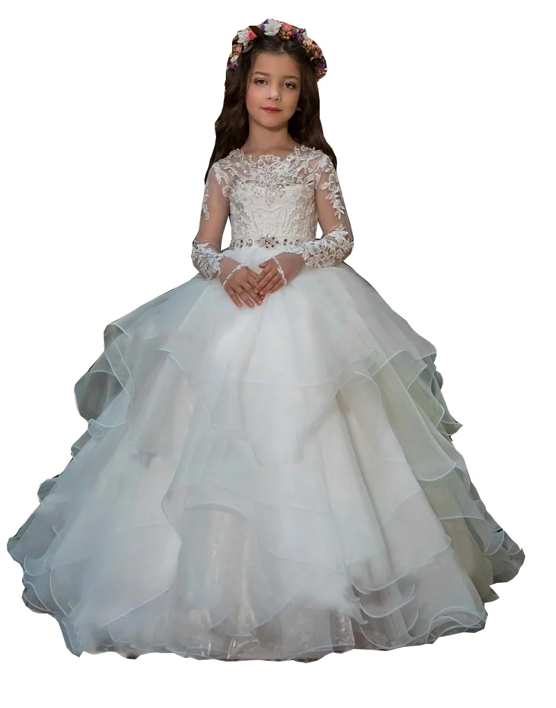 Organza Blumen mädchen Kleider für Hochzeit lange Ärmel Erstkommunion Kleid Junior Brautjungfer Kleid