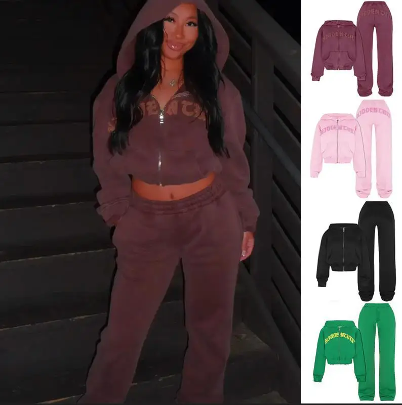 Letter Print Pant Sets Crop Top Hoodie Women's Two Pieces Set Zipper Women's Tracksuit Sporty 2 Piece Sets Women Outfit