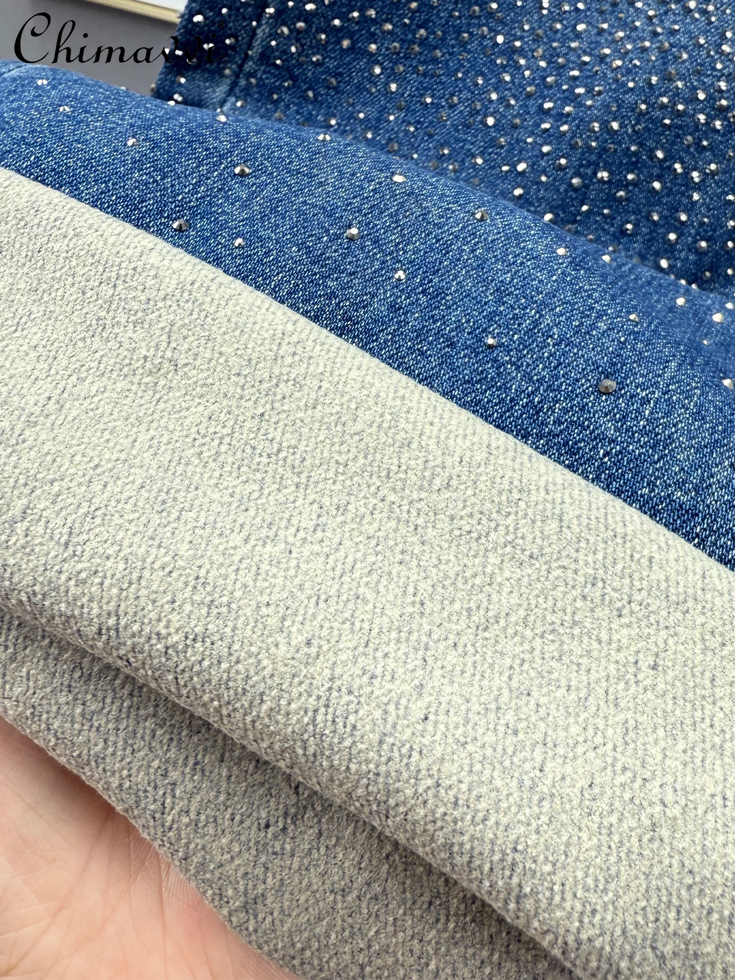 Pantalones vaqueros con forro polar para mujer, nueva moda de invierno, cintura alta, ajustados, estilo europeo, cielo estrellado, diamantes de imitación, pierna ancha, hasta el suelo