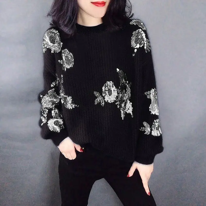 2024 New Black Sequin Low Round Neck Casual Fashion Style Sweater Autumn Winter Loose Fitting Pullover YL62