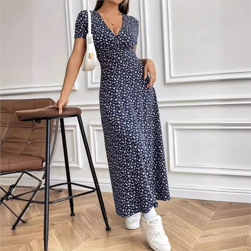 Elegant Women's Fashionable Small Floral V-neck Mid Length Dress Spring And Summer Women's Printed Short Sleeved Casual Dresses