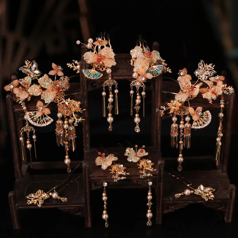 

Xiuhe Headdress Elegant High Sense Golden Crown New Chinese Hairpin Tassel Wedding Performance Ancient Costume Hair Accessories