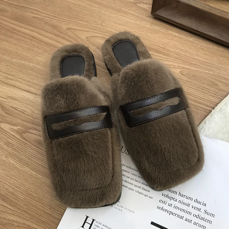 

Flats Women's Cotton Slippers Fur Square Toe Dress Mules Shoes Fashion Slingback Designer Boots 2025 Winter Zapatos De Mujer