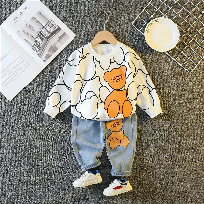 Spring Autumn Baby Boys Clothes Sets Children Fashion Cartoon Bear Long Sleeve Tops Jeans Pants 2Pcs Outfits Kids Sport Suit