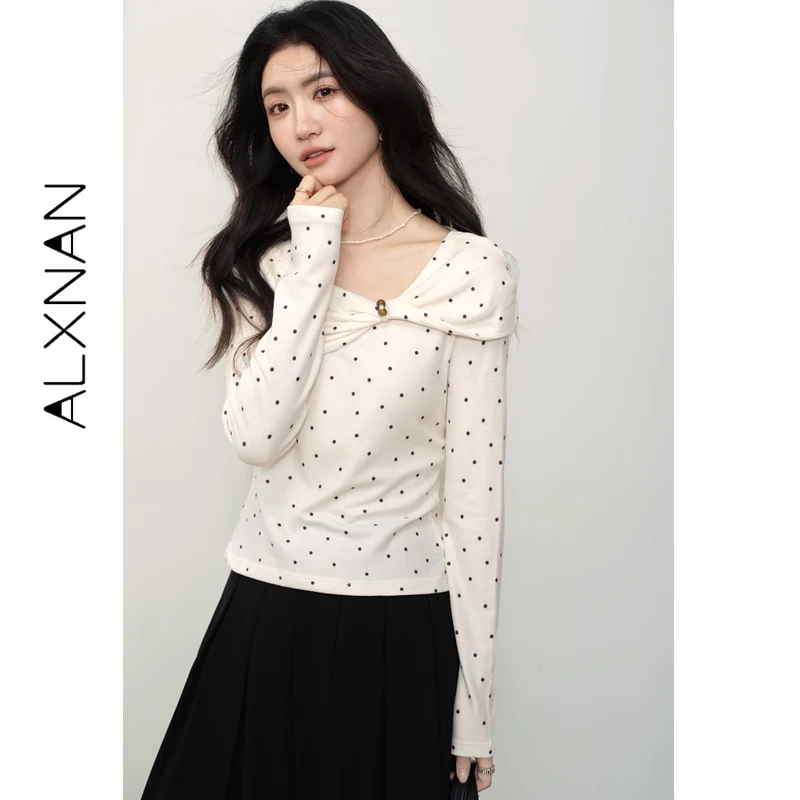 ALXNAN Apricot Polka Dot T-shirt Women 2026 Autumn Elegant Twist Long Sleeve Pullover Fashion Casual Tops Female L57026 L56859