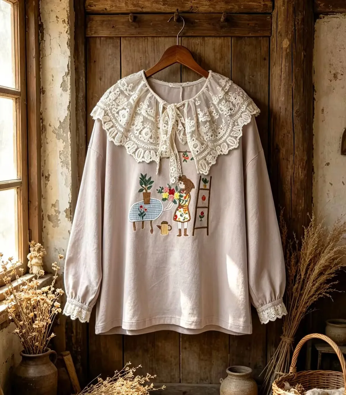 Spring Autumn Japanese Mori Girl Cartoon Embroidered Long Sleeve Shirt Women Pullover Sweet Lace Patchwork Shirts