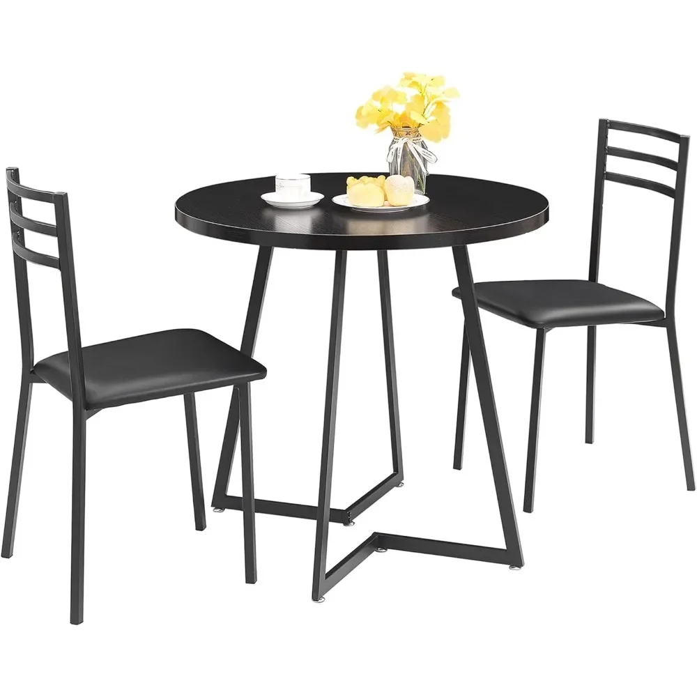 3 Piece Kitchen Dining Room Set, Wood Round Table for Breakfast Nook Small Space, Dinette with 2 Cushioned Chairs, Matte Black