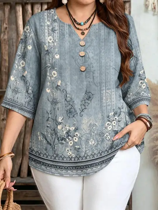 Women Retro Vertical Border Floral Full Print Blouse Notched Neck 3/4 Sleeve Loose Fit For Curvy Figures Daily Casual Tops