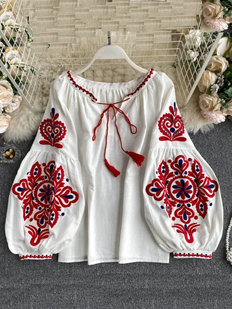 Women's Retro Blouse National Style Embroidered Lace-Up Tassel V-Neck Lantern Sleeve Tops Loose All-Match Female Blusa PL536