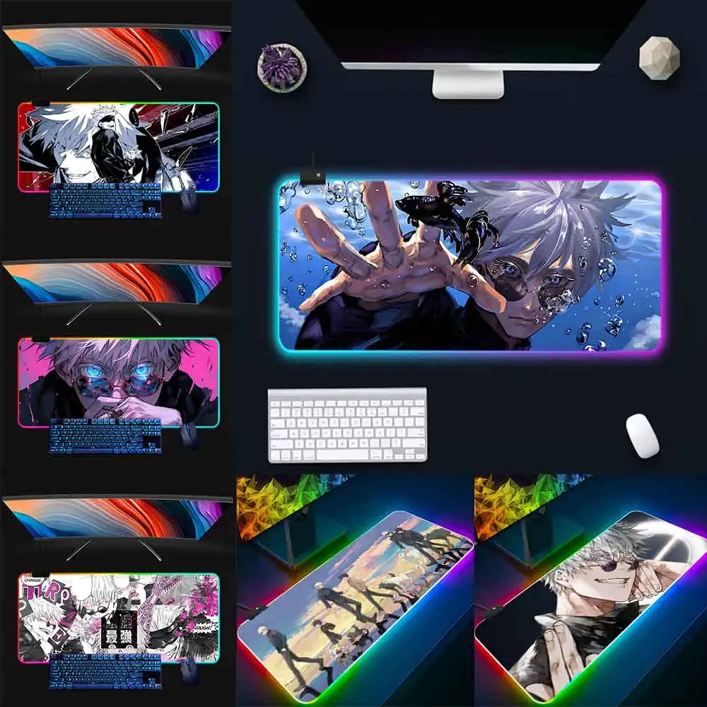 Jujutsu Kaisen Anime RGB Pc Gamer Keyboard Mouse Pad Satoru Gojo Mousepad LED Glowing Mouse Mats Rubber Gaming Computer Mausepad