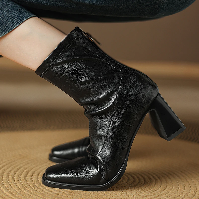 Autumn Winter Ankle Boots Shoes Black Brown 7cm Heels  Leather Elegant Fashion High Quality Women Ankle Boots Y164