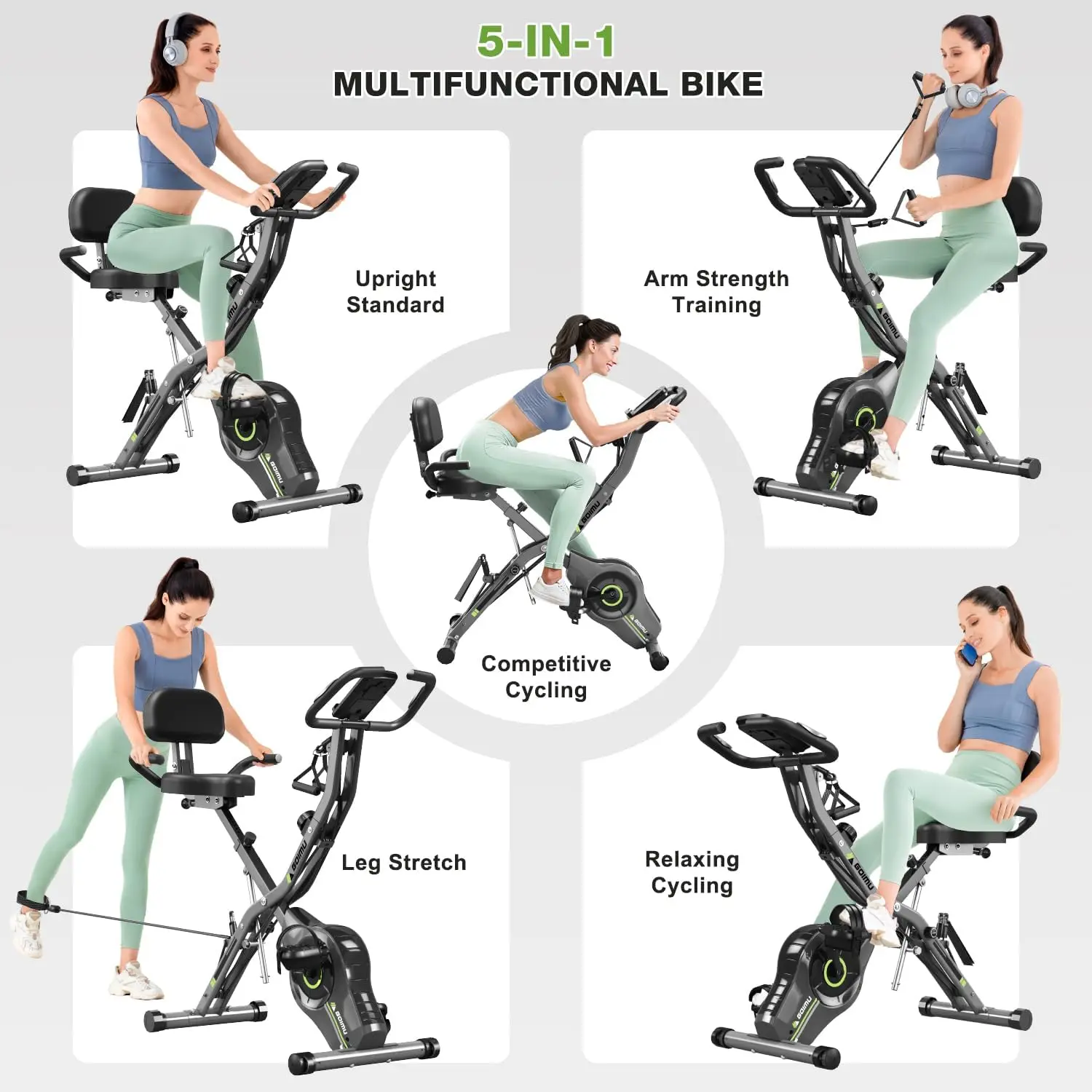 5 in 1 Foldable Stationary Bike for Seniors, 16-Level Adjustable Magentic Resistance, Indoor Recumbent Bike