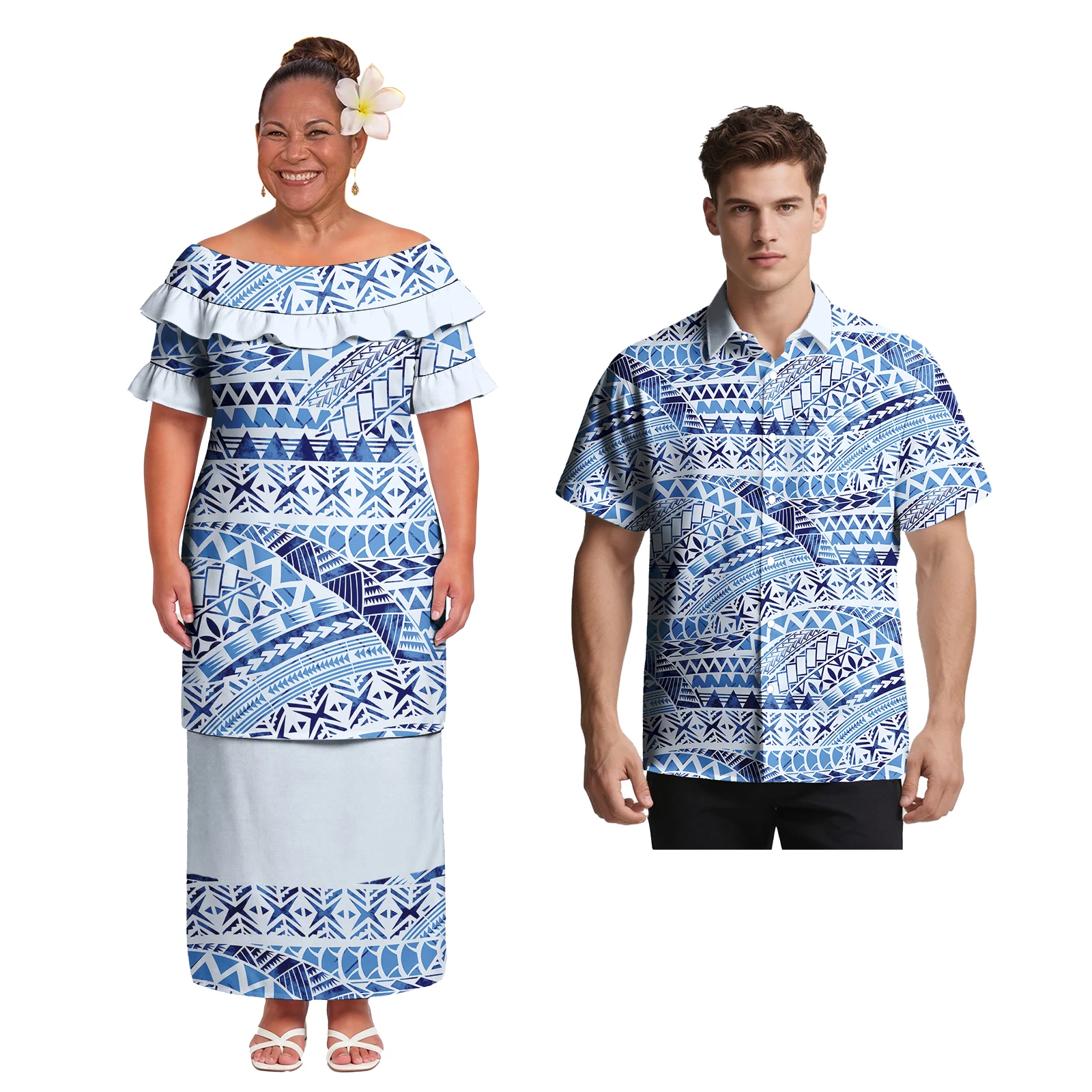 Island Beach Samoan Polynesia Men's Casual Shirts Ladies Elegant Puletasi 2pc Set Hawaiian Hibiscus Print Couple Match Outfits