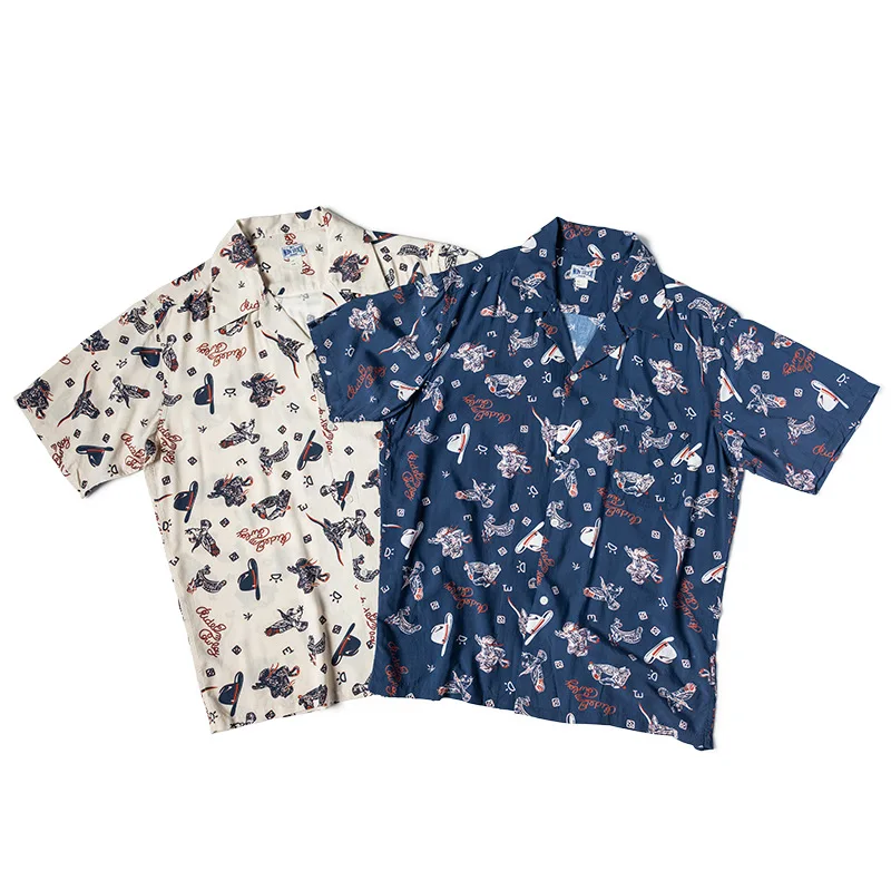 Non_Stock Western cowboy pattern rayon Cuban collar Hawaiian short-sleeved shirt