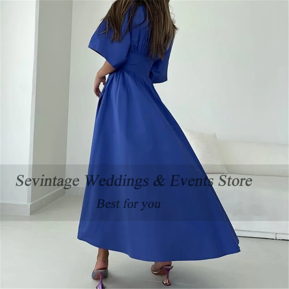 Sevtage-Azul Royal Arábia vestido de noite árabe, simples decote em v, plissado, A-Line, comprimento do tornozelo, vestidos de baile, Abaya 2023