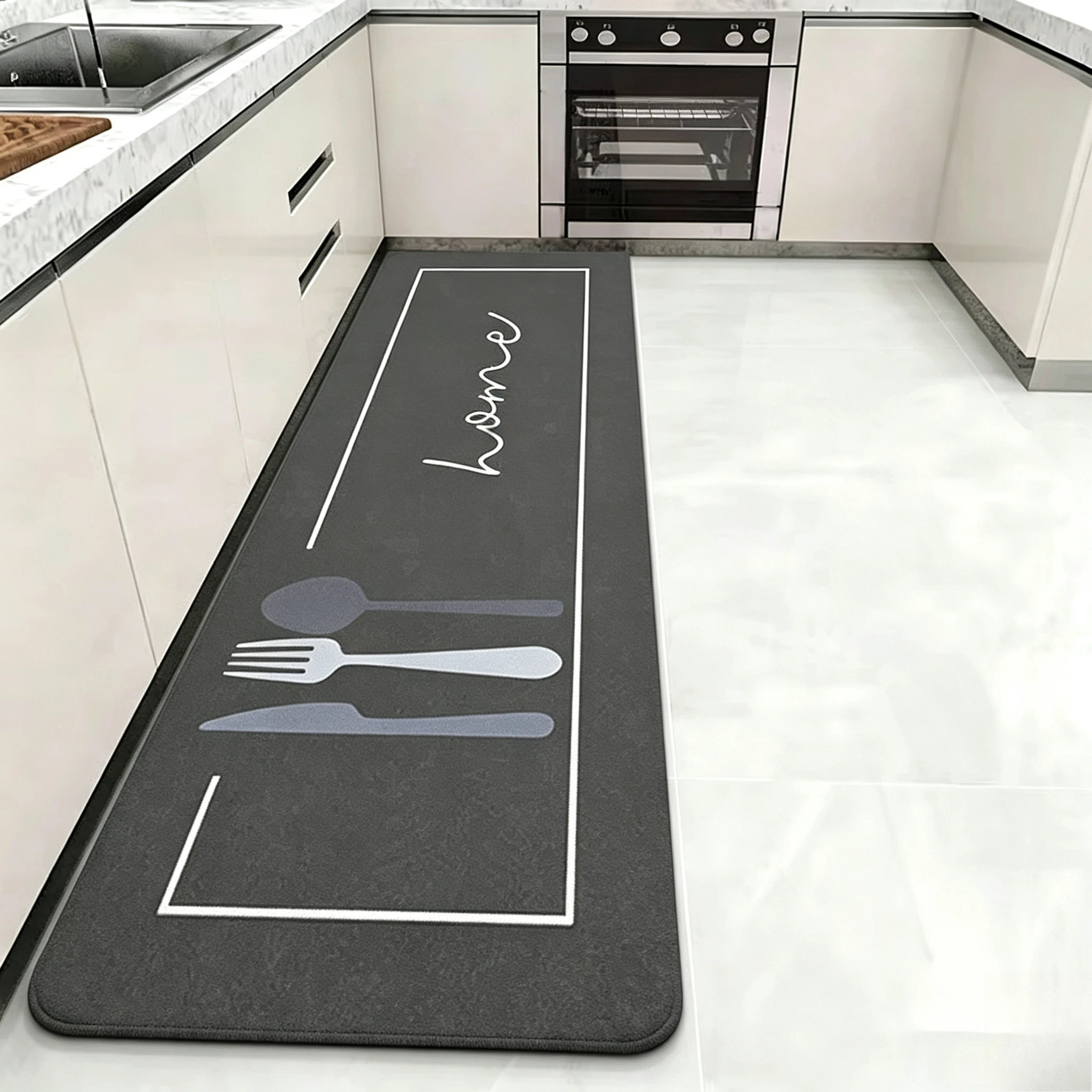 Elegant Sketch Style Kitchen Runner Rug Simple Tableware Text Print Floor Mat Household Home Decor Cooking Area Hallway Indoor
