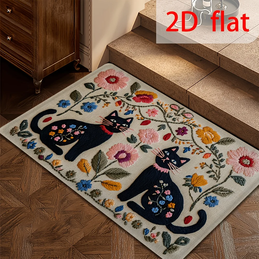 VIKAMA Retro Floral Black Cat Anti-Slip Floor Mat, Absorbent Bathroom Floor Mat, Pet Lover Entrance Mat, Home Decoration