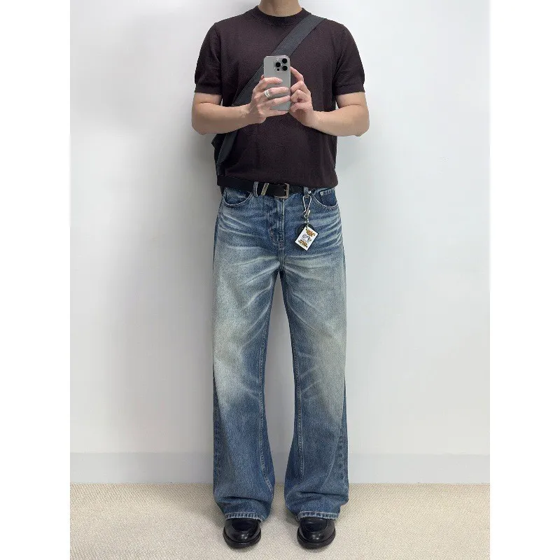 

American Sle Straight Leg Jeans Snowflake Pattern Light Blue Waed Vintage Jeans Casual Comfortable Straight Fit Jeans