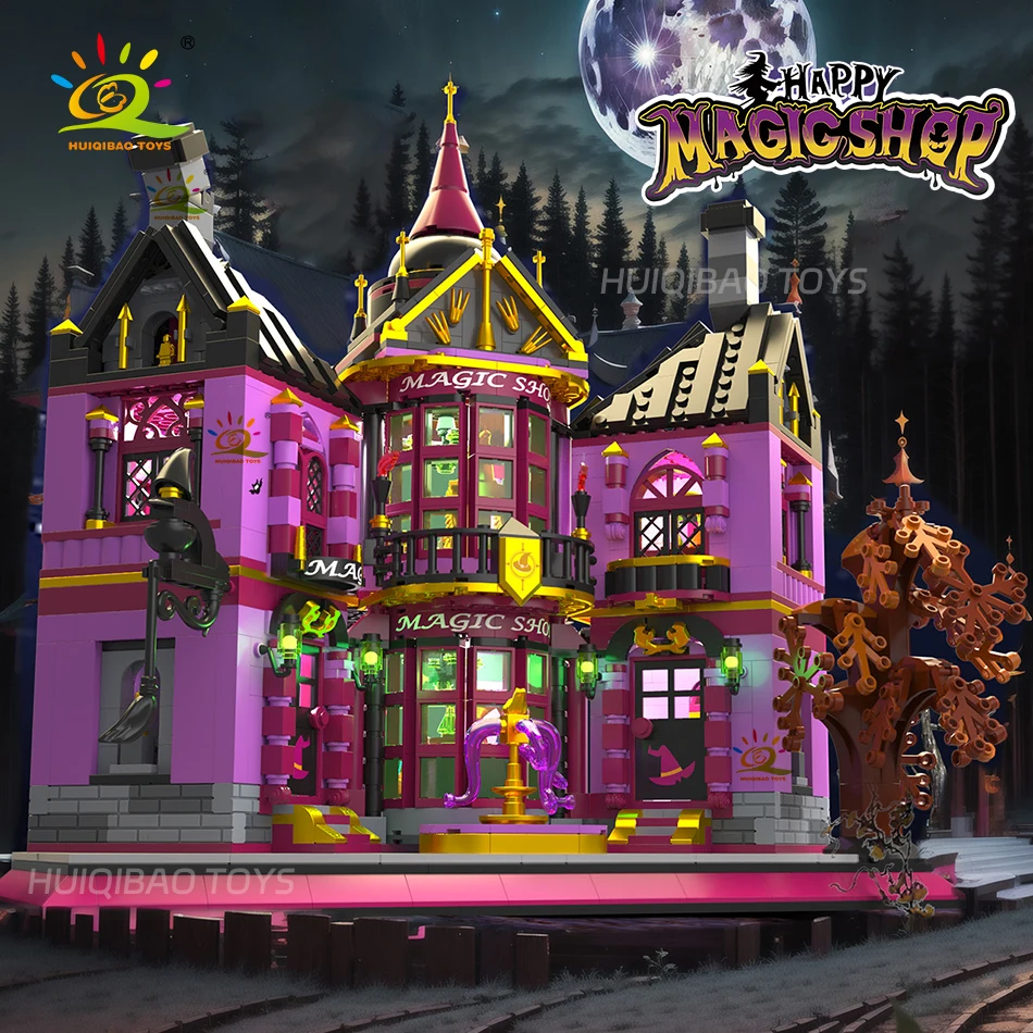 HUIQIBAO Halloween Witch House Wizard Bar Magic Shop Micro Model Building Block City DIY Store Assembly Brick Toys for Children