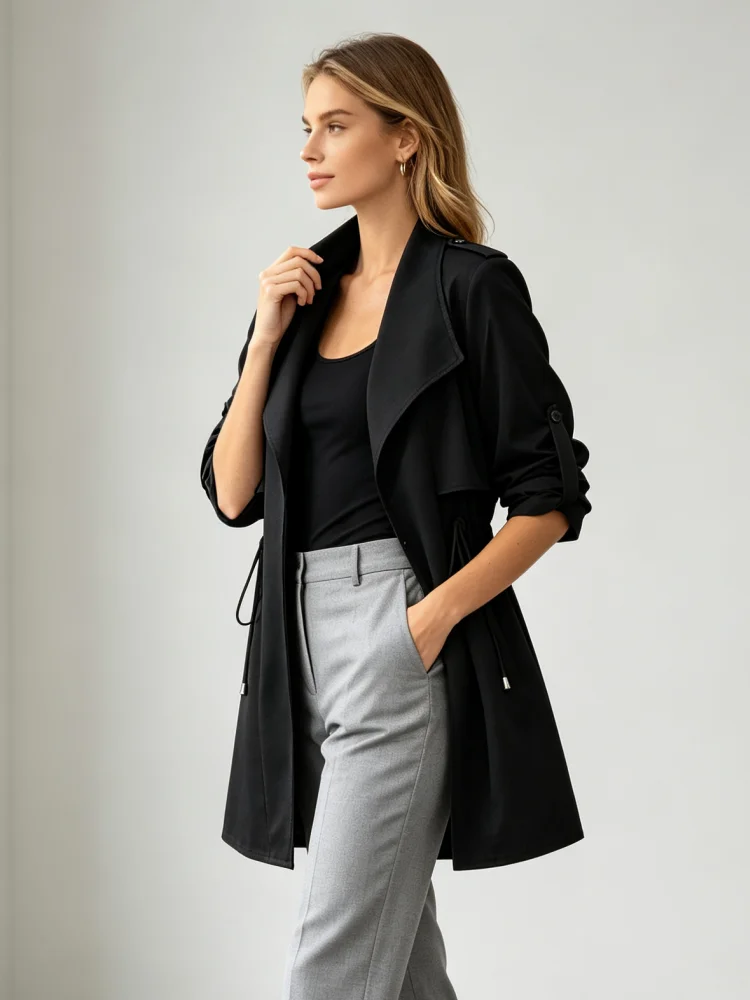 Damen-Trenchcoat, mittellang, zweireihig, langärmelig, mit Schulterklappen und Manschettenbändern, einfarbig, Windbreaker, für den täglichen Gebrauch und als Oberbekleidung. – Detail 3