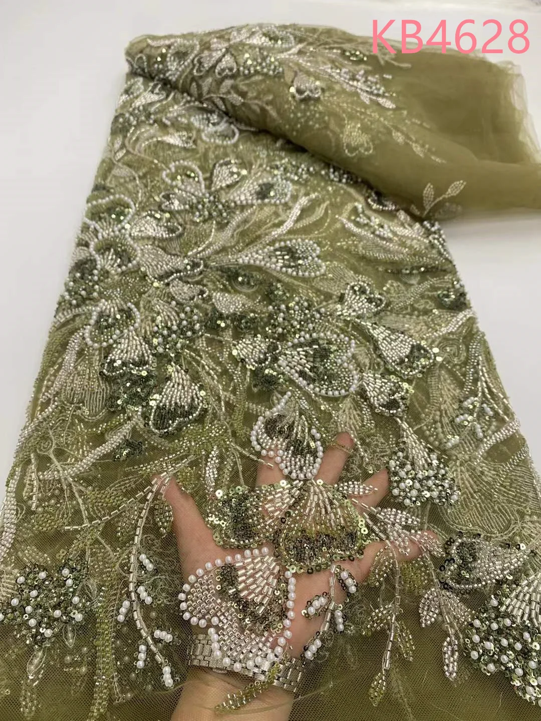 

Black Dubai High Quality Fabric 2025 Oliver Green Beads Tulle Lace Fabric With Sequins Embroidered French Net For Sewing KB4628