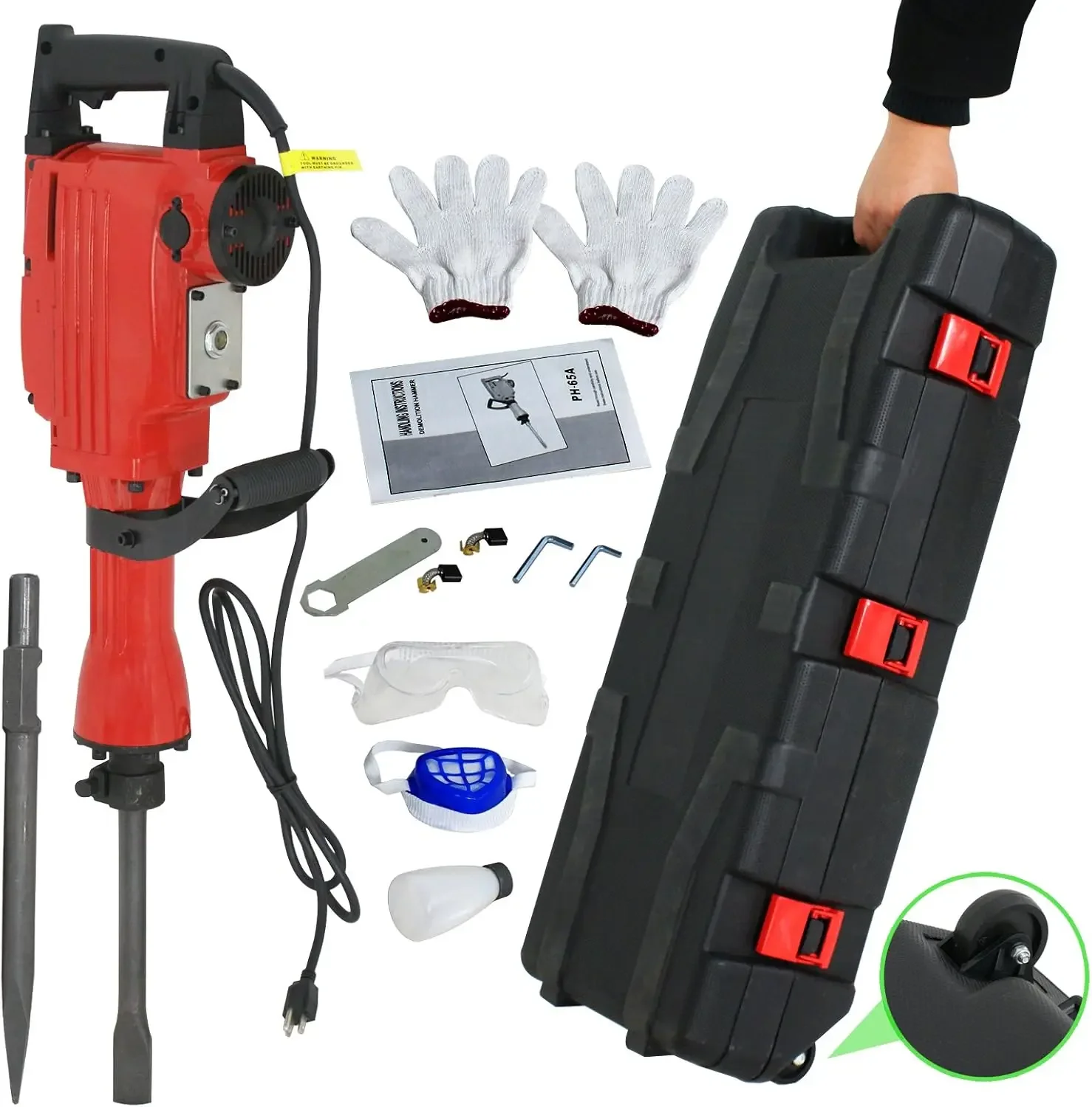 2200W Heavy Duty Electric Demolition Jack Hammer Concrete Breaker Power Tool Kit 2 Chisel 2 Punch Bit Set W/Case Gloves