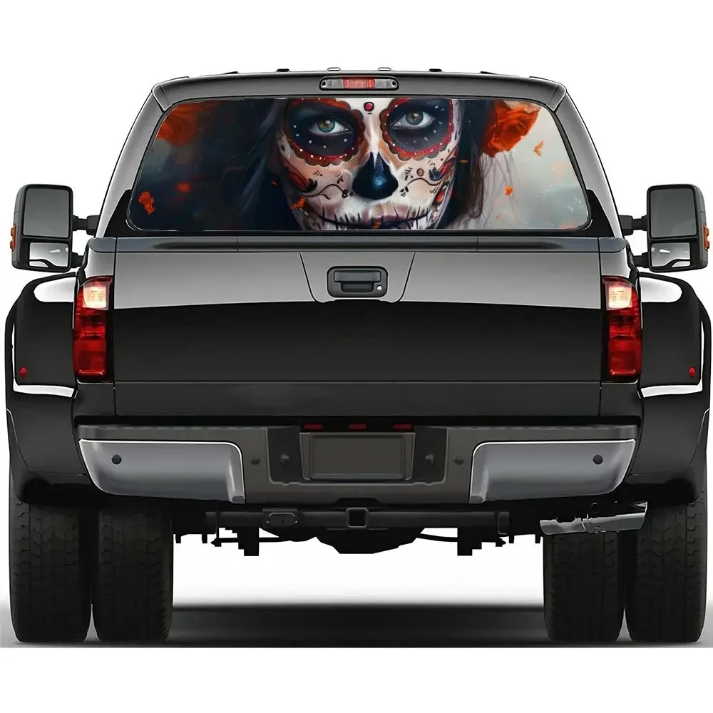 

Сексуальная наклейка с сахарным черепом для девочек, наклейка на заднее лобовое стекло автомобиля, окно грузовика, прозрачная перфорированная виниловая наклейка на заднее окно, украшение, подарок