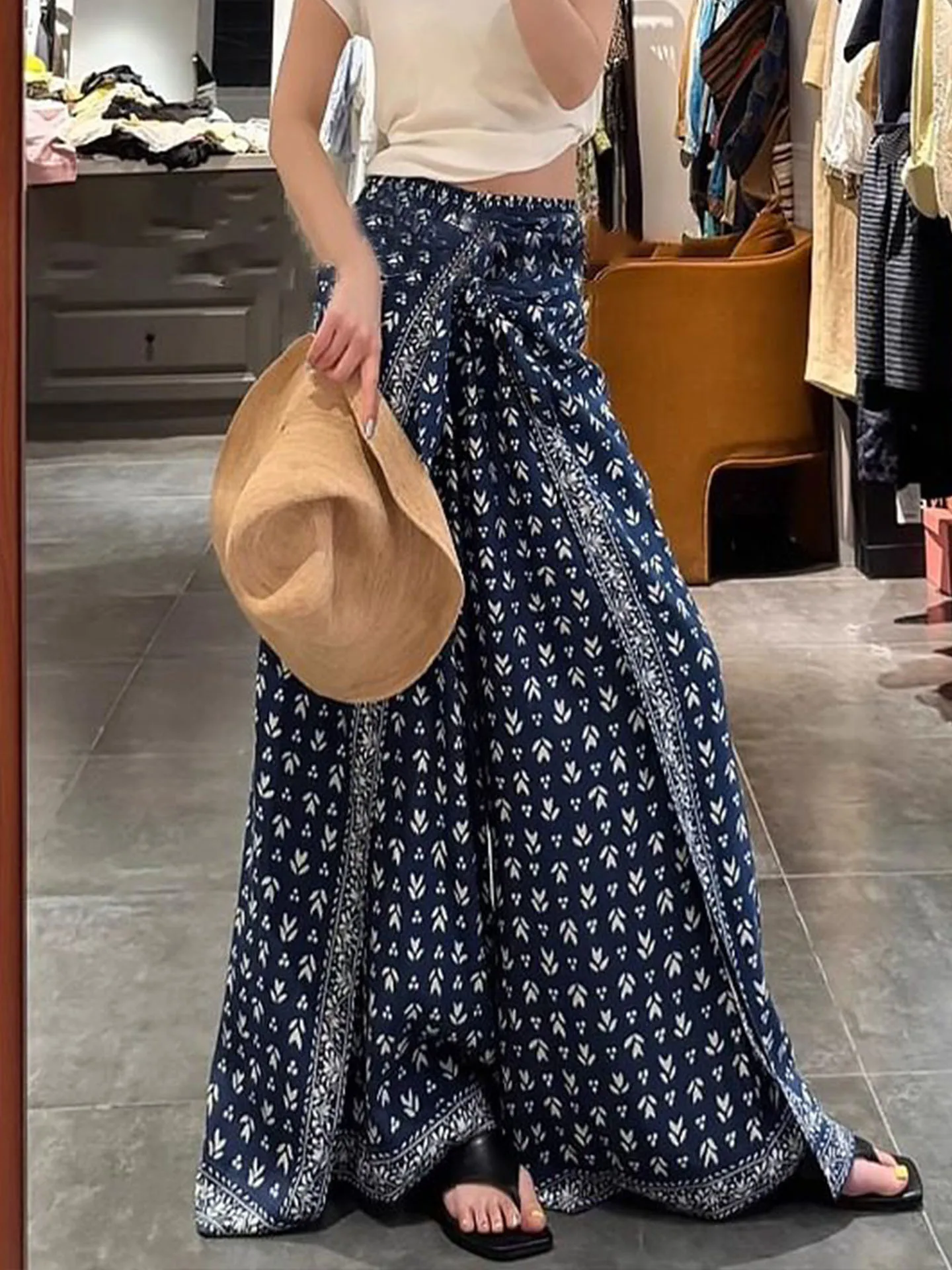 

Корейские брюки с высокой талией и широкими штанинами, модные брюки с принтом, элегантные, повседневные, весна-лето, премиум-класса