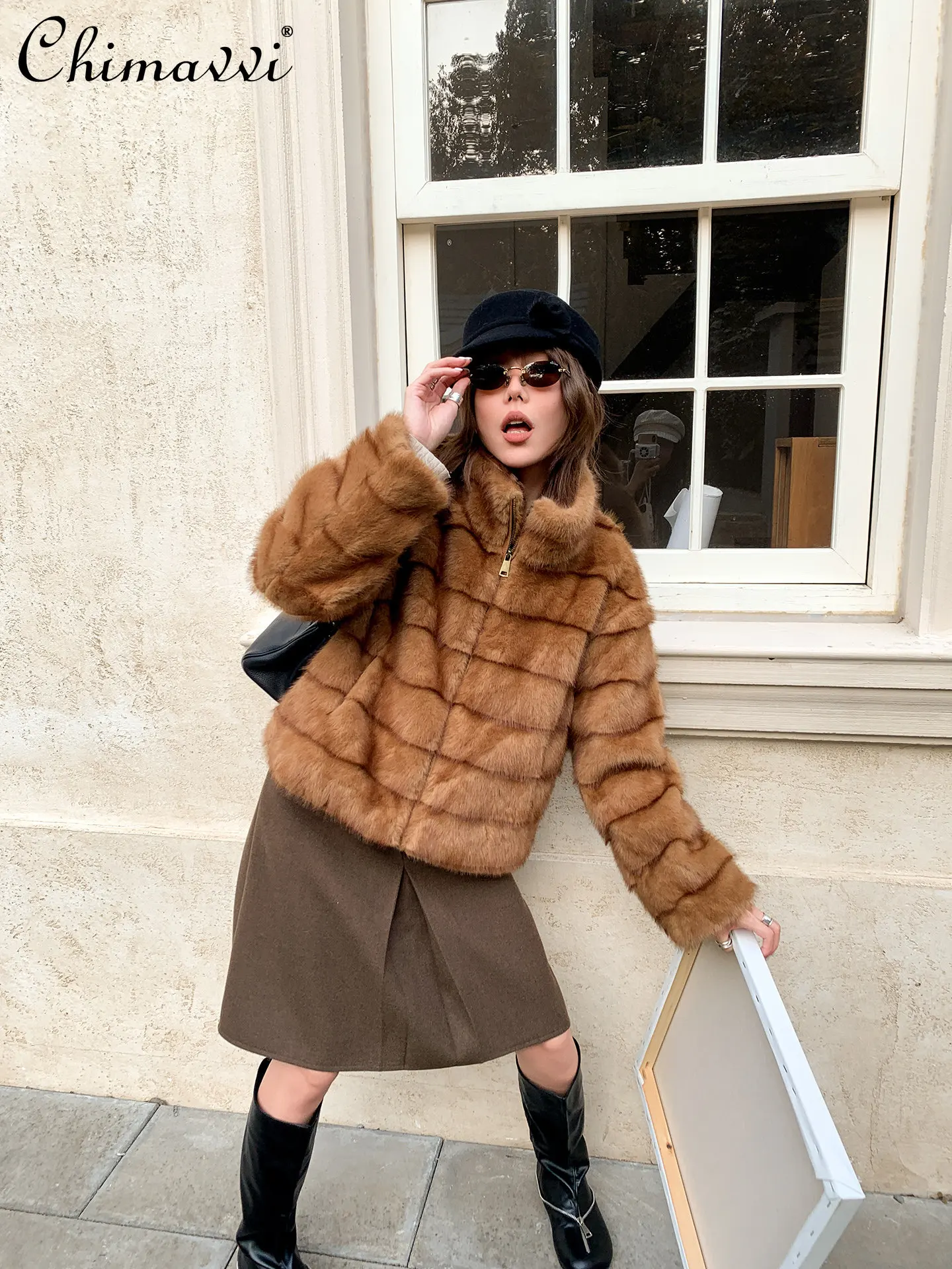 Mode Langarm Casual Stehkragen Nachahmung Nerz Pelz Kurze Pelzmantel Frauen Winter Verdickt Elegante Pelz Zipper Warme Jacke