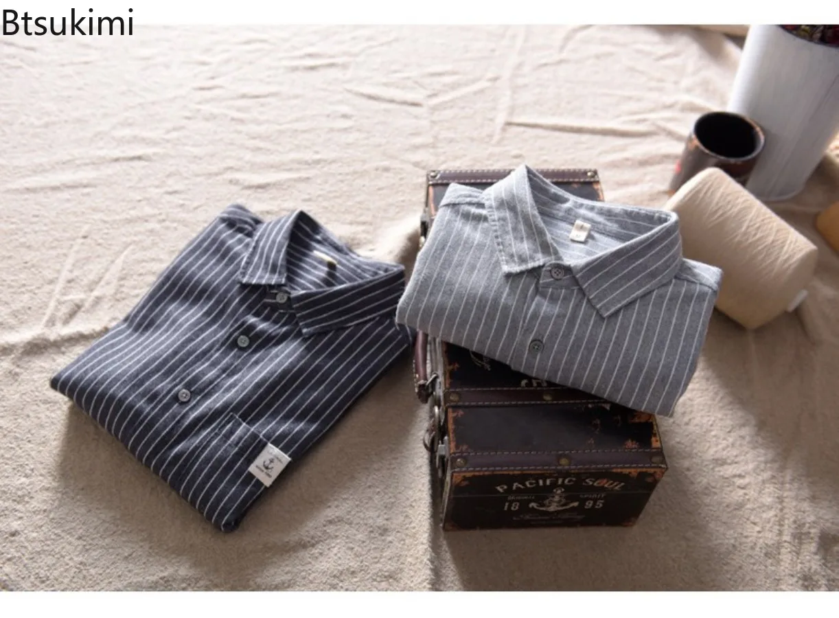 Classic Striped Versatile Casual Long Sleeve Shirts Spring Men's Single Breasted Loose Cardigan Cozy 100% Cotton Shirt Coat Male