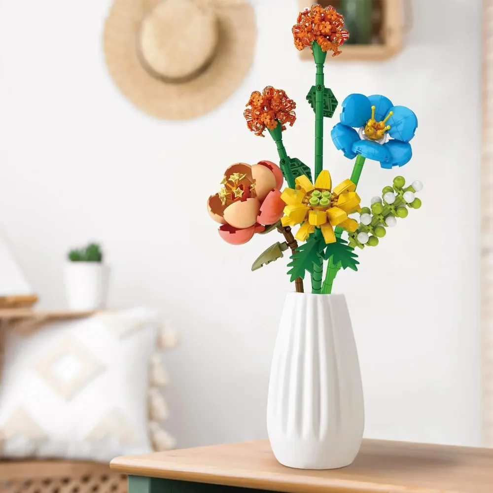 Kit de construção de flores para adultos, conjunto de blocos de construção de flores de 633 peças, mini tijolo de construção de flores artificiais para coleção botânica