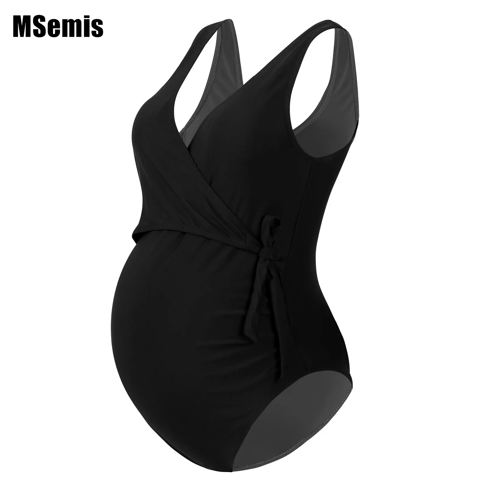 Maternity One Piece Swim Suit Pregnant Women Tie Front High Cut Bathing V Neck Maternity Swimsuit Wear