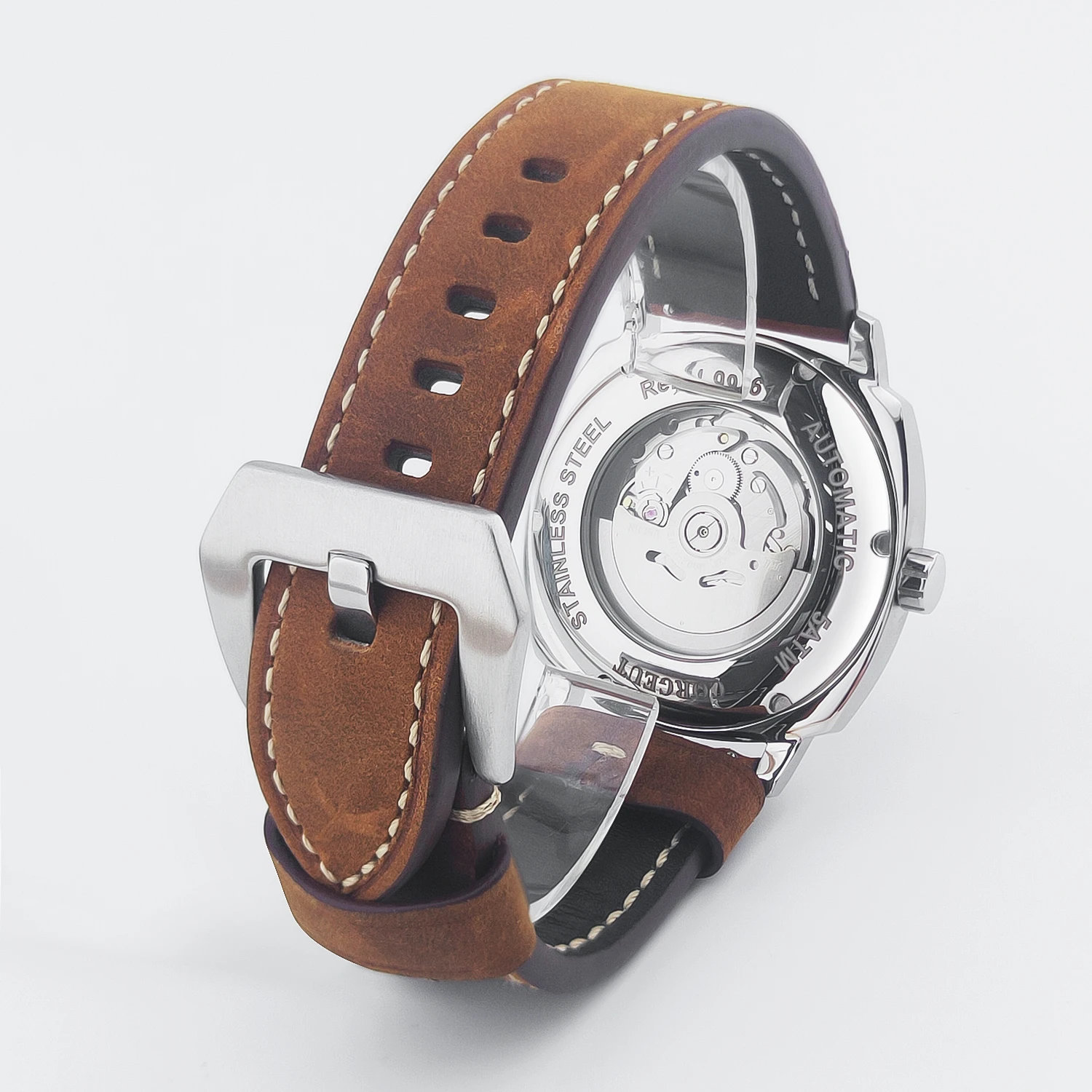 تخصيص 42mm ساعة جديدة التلقائية الميكانيكية صالح NH35 الأزياء الزجاج الصلب حزام / حزام من الجلد للماء ساعة رجالي