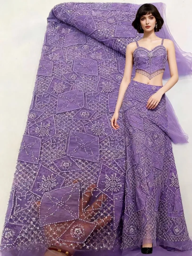 

Нигерийская кружевная ткань, 5 ярдов, высокое качество, 20225, африканская ткань с блестками, роскошная ткань с бисером, роскошная французская ткань для женского платья