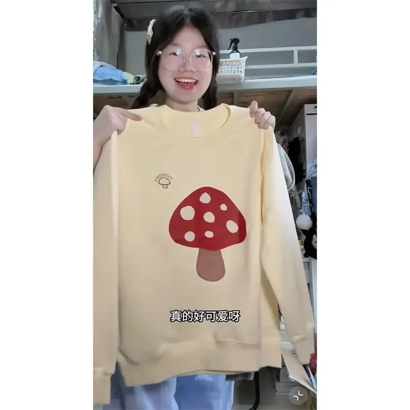 Sudaderas con estampado de setas de dibujos animados americanos, blusa holgada de manga larga de albaricoque, estilo pijo coreano, deportes de ocio para chicas jóvenes