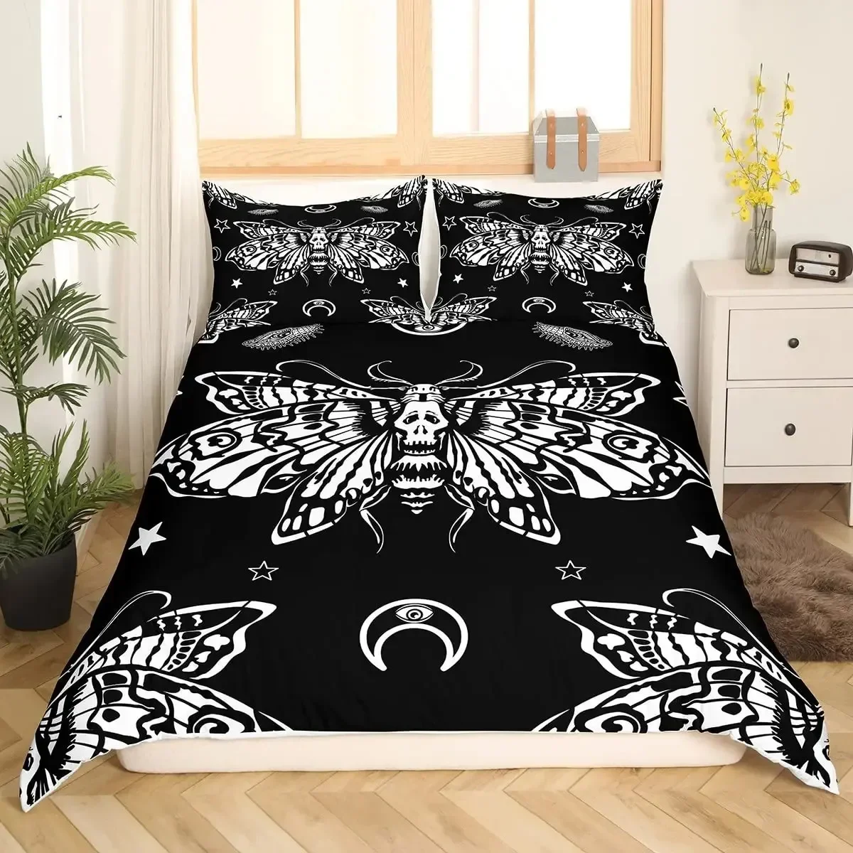 Black Death Moth Bedding Set Gothic Skull  Duvet Cover Set Butterfly Bedclothes Moon Stars Polyester Quilt Cover for Kids Teens